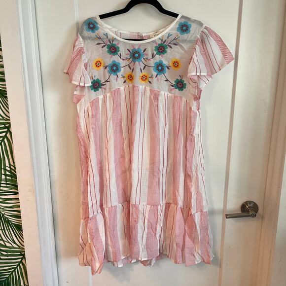 NWT Perch by Blu Pepper Pink Embroidered Ruffle Sleeve Mini Dress Size XL - Picture 2 of 8